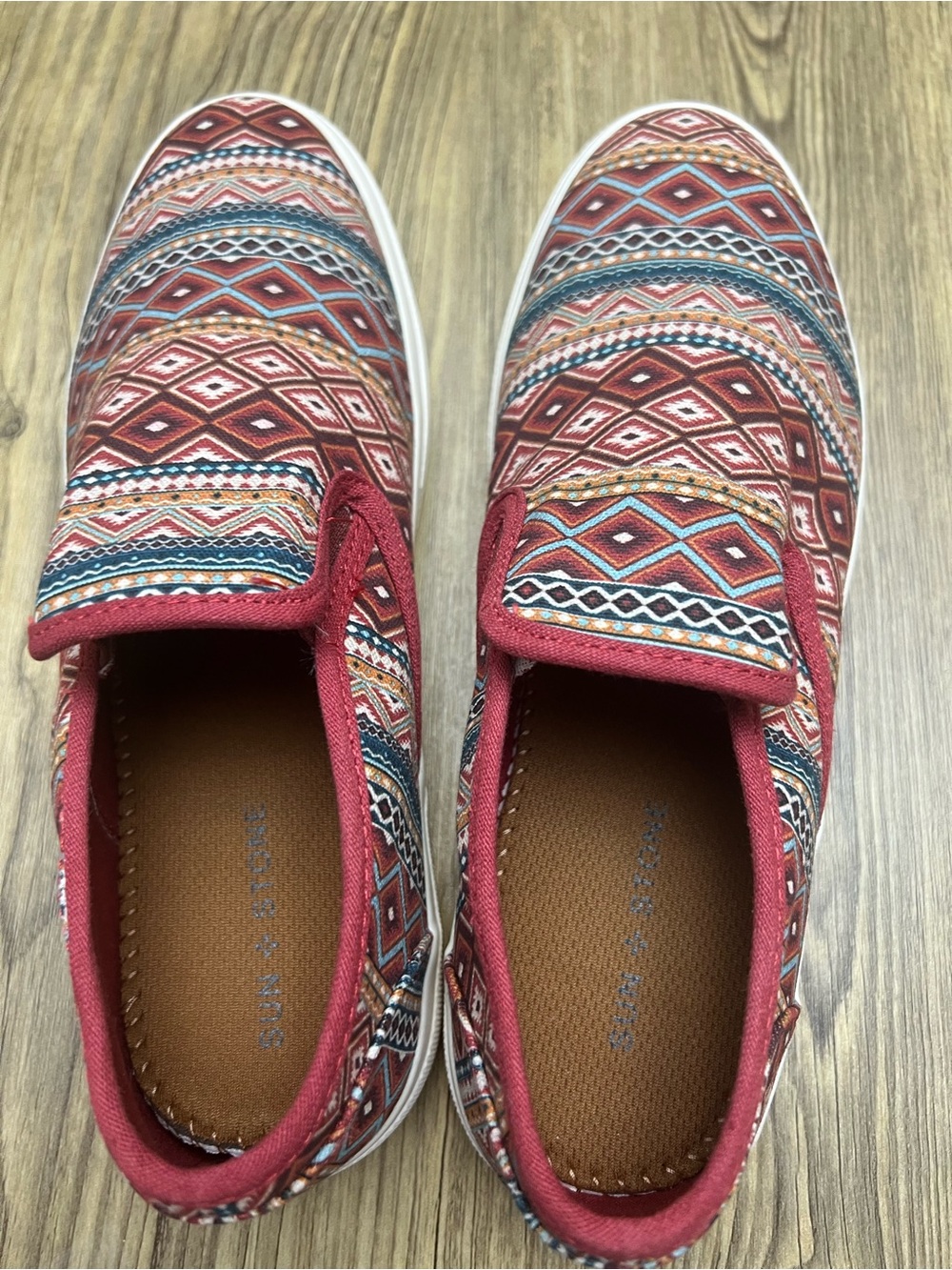 Sun + Stone Mens Slip-On Sneakers in Red Aztec Print